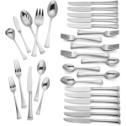 Lenox Silverware Set For 12, Portola 65-Piece Flatware Set with Serving Utensils, Service For 12, 18/10 Stainless Steel Flatware, Dishwasher Safe, Knives Spoons and Forks (Silver, 65 pieces) - Image 1