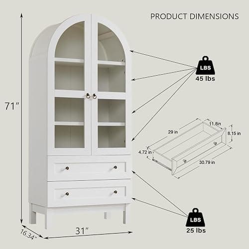 IFGET 71" Tall Arched Kitchen Pantry Cabinet, Wood Kitchen Storage Cabinets with 2 Large Drawers and Adjustable Shelves, Modern Farmhouse Versatile Cupboard for Kitchen, Dining Room, Bathroom, White - White thumbnail 2