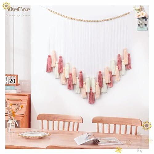 DrCor Blush Pink Boho Macrame Wall Hanging – Handmade Rose Gold Tassel Decor for Nursery, Dorm, Baby Shower, Wedding & Cozy Fall Home or Classroom Display thumbnail 5