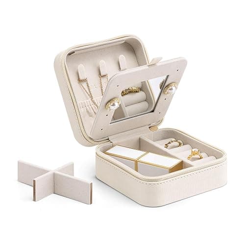 Vlando Small Travel Jewelry Box Organizer - Mirrored Carry-on Jewelries Necklaces Rings Earrings Necklace Storage Case, Beige - Image 1