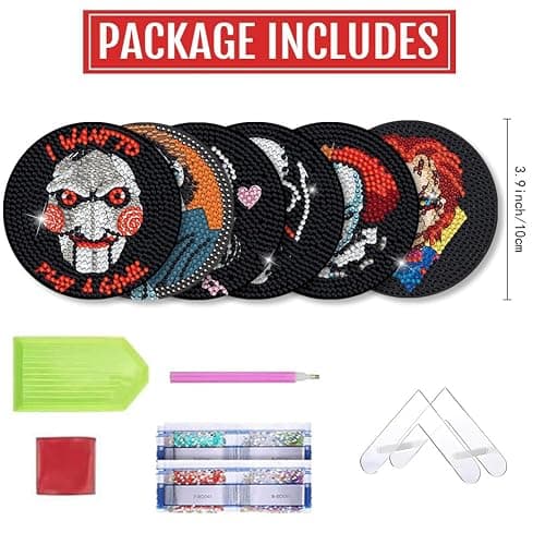 Bysincy 6 PCS Diamond Painting Coasters Kits with Holder Horror Halloween, DIY Funny Jack Skull Diamond Art Coaster Sets for Beginners Adults and Kids Art Craft Supplies Holiday Gift thumbnail 2