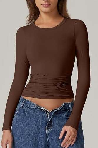 QINSEN Womens Crewneck Long Sleeve Shirt Double Lined Basic Tees Side Ruched Going Out Crop Tops thumbnail 4
