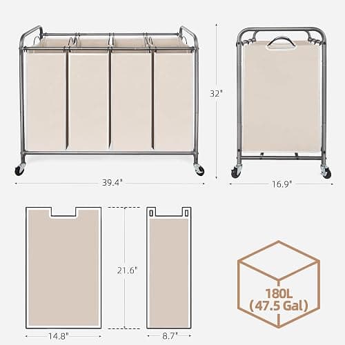 STORAGE MANIAC Laundry Sorter 4 Section, 47.8 Gal (181 L) Laundry Hamper with Wheels, Clothes Divider Basket Sorter, Clothes Separator Hamper Cart with Wheels and Removable Bags, Beige thumbnail 3