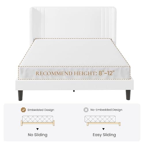 SHA CERLIN Full Size Velvet Upholstered Platform Bed Frame with Vertical Channel Tufted Wingback Headboard, Wooden Slats Support, Easy Assembly, Under Bed Storage, No Box Spring Required, White thumbnail 9