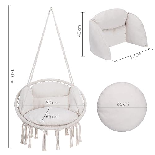 DETEX® Boho Style Hanging Circular Chair | 60cm Diameter Round Seat 150kg Capacity with 2 Cushions | Weatherproof 360° Swing Seat Galvanised Steel Cotton Indoor Outdoor | Cream thumbnail 4