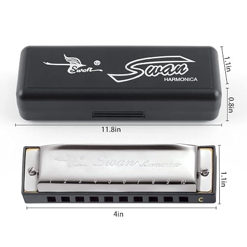 SWAN Blues Harmonica C Key for Kids Adults, 10 Hole Diatonic Harmonica Key of C, Metal Blues Harp for Beginners Students, Mouth Organ in Case, Silver thumbnail 2