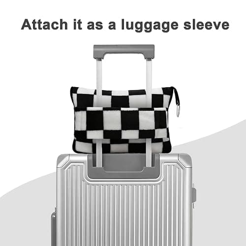 Travel Blanket and Pillow Compact, Premium Soft 2 in 1 Airplane Blanket with Soft Bag Pillowcase，Hand Luggage Sleeve and Backpack Clip (Checkered Black) thumbnail 5