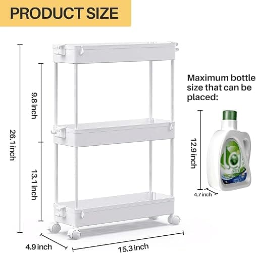 SPACEKEEPER Slim Rolling Storage Cart, 3 Tier Bathroom Storage Organizer Laundry Room Utility Cart Mobile Shelving Unit, Multi-Purpose for Kitchen Office Bathroom Laundry Narrow Places, White thumbnail 3