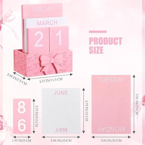 AceOrbit Pink Bow Wood Block Perpetual Calendar Coquettish Desk Decor Cute Month Week Date Display Decorative Block Calendar for Women Office Home Desk Gift for Women thumbnail 2
