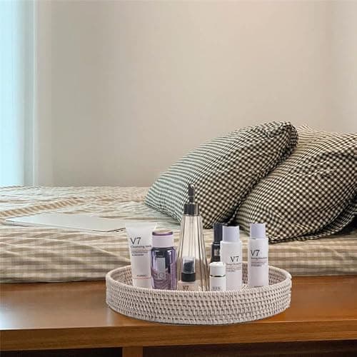 13.8 inch Round Rattan Tray, Decorative Coffee Table Tray, Ottoman Tray, Woven Serving Tray with Handles, Wicker Serving Basket, Whitewash thumbnail 7