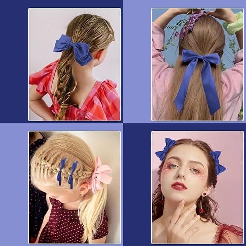 Ahoney 7 Pack Navy Blue Bows for Hair Bows Silky Satin Big Hair Bow Hair Clips Multi Style French Long Hair Ribbon Hair Accessories Barrettes for Women Girls thumbnail 5
