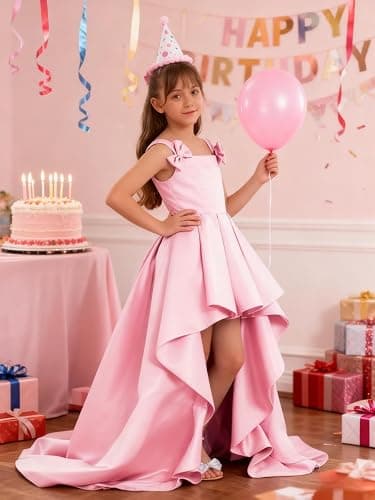 Ztikolen Satin Pageant Dresses for Girls High Low Flower Girl Dress with Bow Junior Bridesmaid Formal Wedding Party Gown thumbnail 3