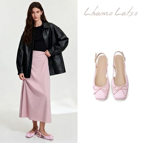 Lhamo Latso Women's Ballet Flats Slingbacks Square Toe Bow Knit Dressy Flat Shoes with Ankle Buckles Satin thumbnail 2