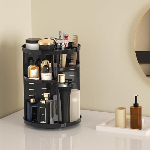 Rotating Makeup Organizer, DIY 8 Adjustable Layers Spinning Skincare Storage, Cosmetic Display Case with Brush Holder and Perfume Tray, Multi-Function Vanity Bathroom Countertop Organizer Black thumbnail 4
