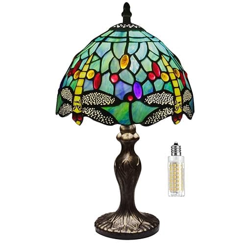 MIAOKE Stained Glass Table Lamp,Stained Glass Crystal Bead Style Table Light, Handmade Desk Bedside Night Light, Antique Art Craft Gifts Lover Living Room Bedroom Bookcase (Green Dragonfly) - Image 1