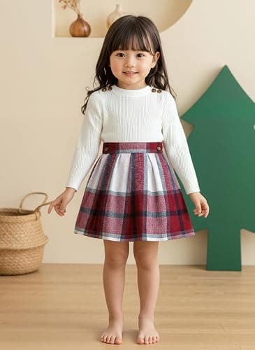 Guodeunh Toddler Girl Clothes,Girls Clothes Skirt Set Puff Sleeve Tops + Plaid Skirt 2 Pcs Fall Winter Outfits thumbnail 3