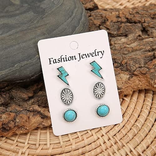 Western Earrings for Women Natural Turquoise Earrings Western Jewelry Lightning Bolt Stud Earrings Set 80s 90s Accessories - Turquoise set thumbnail 5