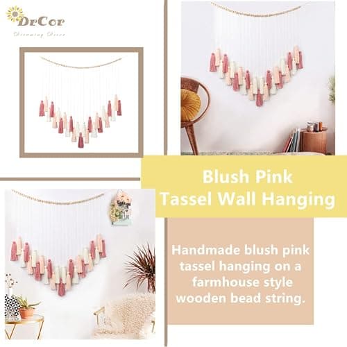 DrCor Blush Pink Boho Macrame Wall Hanging – Handmade Rose Gold Tassel Decor for Nursery, Dorm, Baby Shower, Wedding & Cozy Fall Home or Classroom Display thumbnail 4