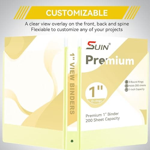 SUIN 1 Inch 3 Ring Binder, Clear 1'' View Presentation Binders with 2 Pockets, Fits 8.5 x 11 Letter Size, Durable Polypropylene, Non-Stick & PVC-Free for School, Office & Home (Brushed Yellow) thumbnail 4