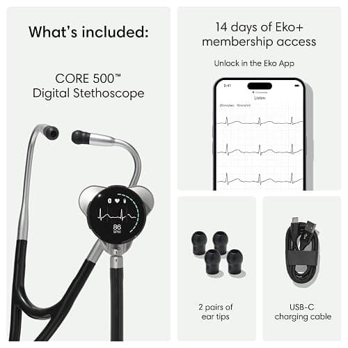 CORE 500™ Digital Stethoscope — 40x Amplification, Active Noise Cancellation, 3-Lead ECG, FDA-Cleared AI with Eko+, Full-Color Display, Reimbursement Eligible — Silver, COR501 thumbnail 6
