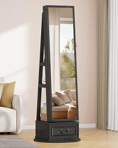 Vlsrka Mirror Jewelry Cabinet Standing with Lights, Lockable, Swivel, Black | Standing Jewelry Armoire with Full Length Mirror, Large Jewelry Organizer Storage with Foldable Makeup Shelf, 3 LED Lights thumbnail 8