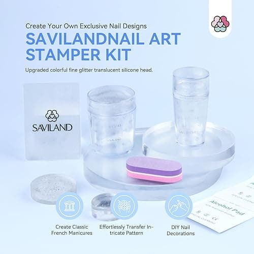 Saviland French Tip Nail Stamp: 7PCS Colorful Glitter Nail Stamp and Replaceable Silicone Stamper Head Nail Scrapers French Tip Nail Tool Kit for Beginner DIY Nail Art Design Home Salon thumbnail 3