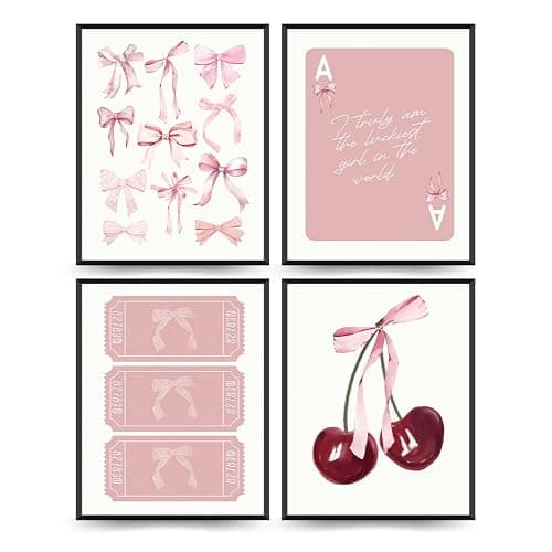 ETVISO Coquette Room Decor for Girls Room, Trendy Pink Bows Wall Art, College Apartment Decor Aesthetic Wall Art Prints Cherry Poker, Living Room Decor 8x10 Inch Set of 4 Unframed (Pink) - 8x10 in - Bow(Pink) - Image 1