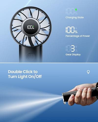 Gaiatop Portable Mini Fan, 3 Speed Handheld Fans with Power Display Flashlight, USB Rechargeable Battery, Lightweight Personal Cooling for Women Men Indoor Outdoor Travel Black - Black thumbnail 6
