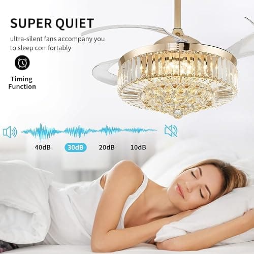 Deliyfans 42'' Fandelier Ceiling Fans with Light, Chandelier Ceiling Fan, Retractable Crystal Ceiling Fan for Bedroom, Living Room, 3 Color Change, LED Dimmable, 6 Speeds, Reversible DC Motor-Gold thumbnail 4