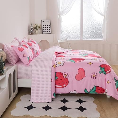 ADASMILE A & S Kids Strawberry Comforter Set Twin Size for Girls 5 Piece Pink Kawaii Flower Bedding Set Kids Strawberry Bed in A Bag Comforter (1 Comforter,1 Flat Sheet,1 Fitted Sheet & 2 Pillow Sham) thumbnail 3