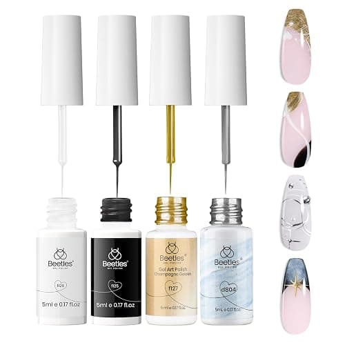Beetles Gel Liner Nail Polish Set 10ml, 4 Pcs Nail Art Liner Gold Glitter Silver Black White Gel Polish Kit, 3D Mirror Gel Painted Glossy Swirl French Chrome Effect Nail Design Gift for Women - Image 1