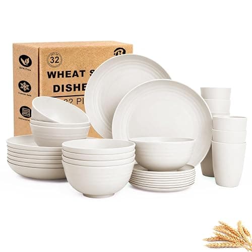 BUSOKIP Plates and Bowls Sets for 8, Unbreakable & Lightweight Wheat Straw Dinnerware Sets 32 PCS, Microwave Safe Dishes Set for 8, Dinner Plate, Kitchen Cups and Bowls for Outdoor- White - Image 1
