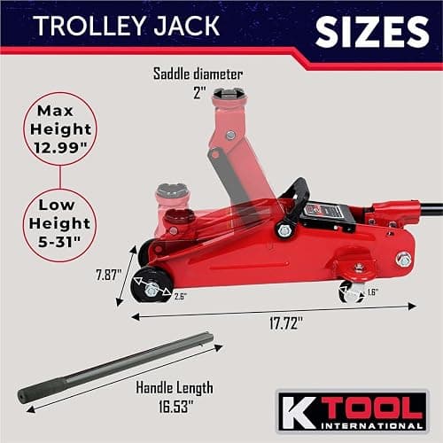 K Tool International 63097A 2 Ton Automotive Trolley Floor Jack with Jack Stands for Garages, Repair Shops, and DIY, 4,000 lbs. Capacity, Hydraulic Lifting Range 5-1/8" to 13", Heavy Duty Steel, Red thumbnail 6