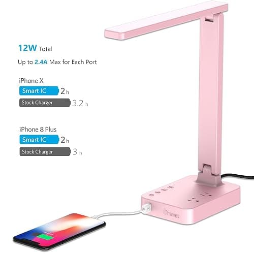 Drevet LED Desk Lamp, Desk Light with 1 USB Charging Port and 2 AC Power Outlet, 3 Lighting Modes, 3 Level Brightness,1H Timer, Touch Control, Eye-Caring Home Office Foldable Table Lamp (Pink) thumbnail 3