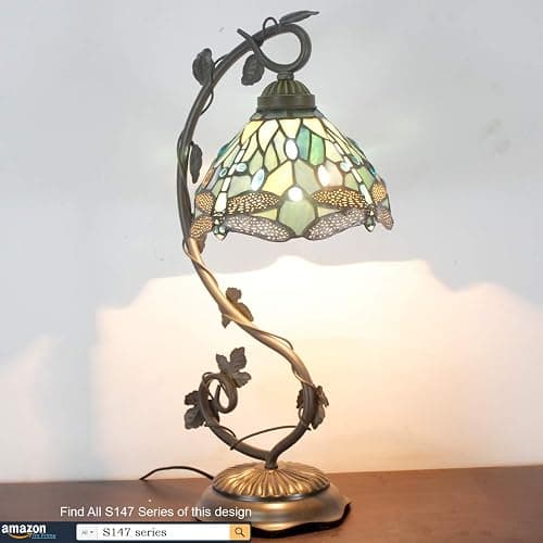 WERFACTORY Tiffany Lamp Sea Blue Stained Glass Dragonfly Style Desk Reading Light, Metal Leaf Table Lamp Base 8X10X21 Inches Decor Small Space Bedside Bedroom Home Office S147 Series thumbnail 8