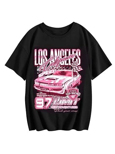 WDIRARA Girl's Car Letter Graphic Print Round Neck Short Sleeve Tee Summer Casual T Shirt - Image 1