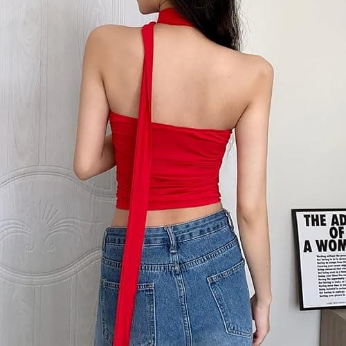 SIQITECHNO Womens Sexy 3D Flower Rosette Asymmetrical Hem Ruffled Tube Top Backless Pleated Bandeau Tank Top Crop Halter Tops thumbnail 7