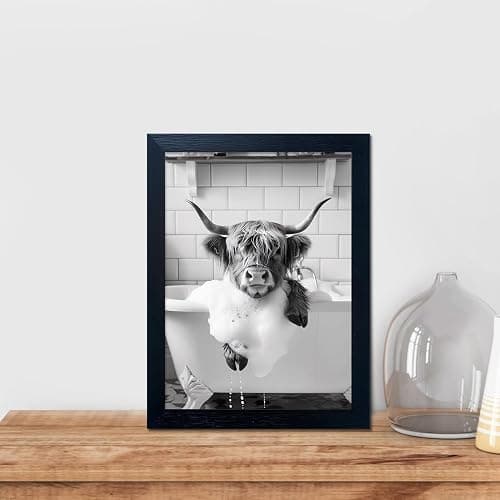 Highland Cow Bathroom Decor, Funny Bathroom Wall Art, Highland Cow in Bathtub Farmhouse Canvas Print, Black and White Cow Pictures Wall Decor, Framed Animal Pint Artworks for Wall thumbnail 7