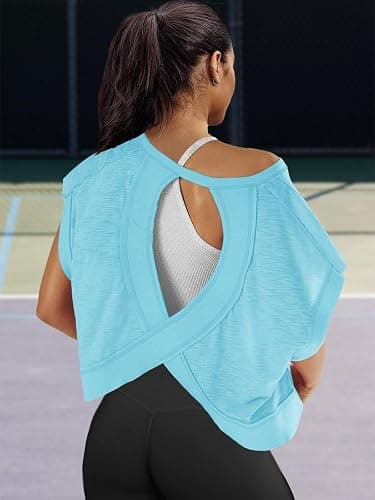 Panadila Womens Open Back Workout Top Oversized Workout T Shirts Backless Athletic Shirt Short Sleeve Baby Tee thumbnail 3