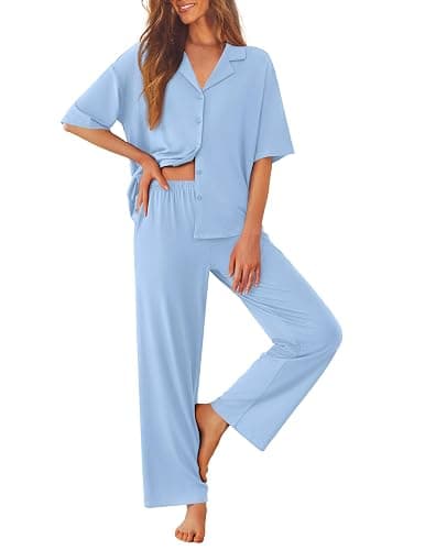 Ekouaer Women Pajamas Set Button Down Sleepwear Short Sleeve Pjs Soft Comfy Nightwear with Long Pants S-XXL - Image 1
