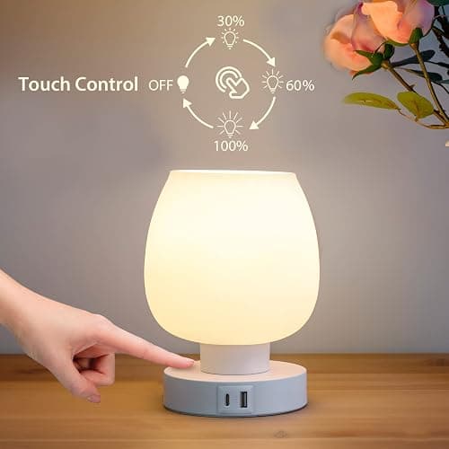 Touch Bedside Table Lamp - Small Lamp for Bedroom with USB C+A Charging Ports 3 Way Dimmable, Nightstand Desk lamp with White Opal Glass Lamp Shade Warm LED Bulb Included, Simple Design Gifts thumbnail 2