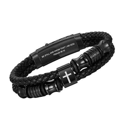 TempBeau Christian Cross Leather Bracelet for Men - Double-Row Braided Leather Faith Cross Bracelets for Mens Bible Verse Religious Baptism Jesus Jewelry Gifts for Men Teenage, Adjustable Wristband - Image 1