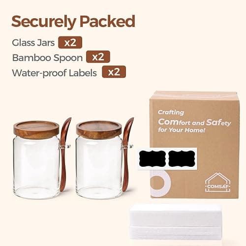 ComSaf Coffee Storage Canister with Acacia Wood Lids & Scoops 0.8Qt 2Pack | Glass Containers for Coffee Lover, Whole Beans Grounds Sugar, Coffee Bar & Office Tabletop, Jars with Labels, Lead-Free thumbnail 8