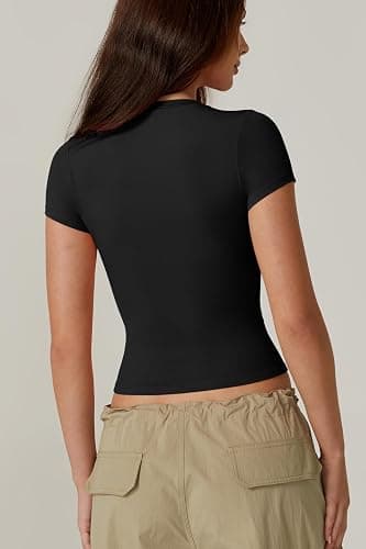 QINSEN Women's Crew Neck Short Sleeve Double-Layer Tops Basic Slim Fit Going Out T Shirt thumbnail 4
