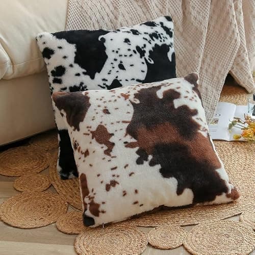 TOMWISH Cowhide Animal Black White and Brown Faux Fur Throw Pillow Covers 18x18 Set of 2 for Chair Bedroom Living Room Sofa Couch Bed Outdoor Double Sided Printing Furry Soft Cozy Pillow Covers thumbnail 4