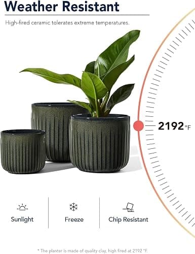 LE TAUCI Fluted Ceramic Planters Set of 3 – 8.3 / 7 / 5.7 in Dark Olive Reactive Cylinder Indoor Plant Pots with Drainage Plug & Mesh, Glossy Stoneware Flower Pots for Succulents Herbs - Reactive Glaze Dark Olive thumbnail 5