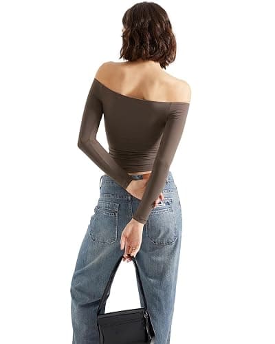 SUUKSESS Women Off Shoulder Double Lined Long Sleeve Shirts Basic Going Out Tops thumbnail 5