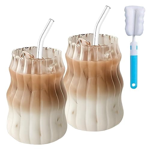 2Pcs 530ML Glass Mugs with Straws - Clear Iced Coffee Cup Matcha Ribbed Wavy Glass Cups Matcha Glasses with Straws Brush & Cup Brush for Ice Coffee Juice Drink Milk Tea Cocktail Wedding Birthday Gift - Image 1