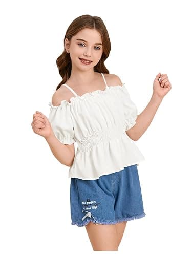 WDIRARA Girls Cold Shoulder Top Cute Ruffle Trim Puff Sleeve Shirt Casual School Holiday Peplum Blouse - Image 1