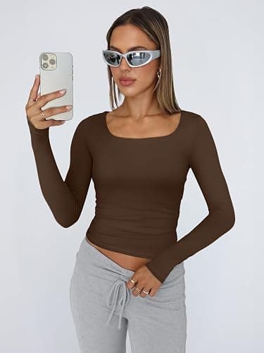 Trendy Queen Womens Square Neck Long Sleeve Double Lined Slim Fit Tops thumbnail 2